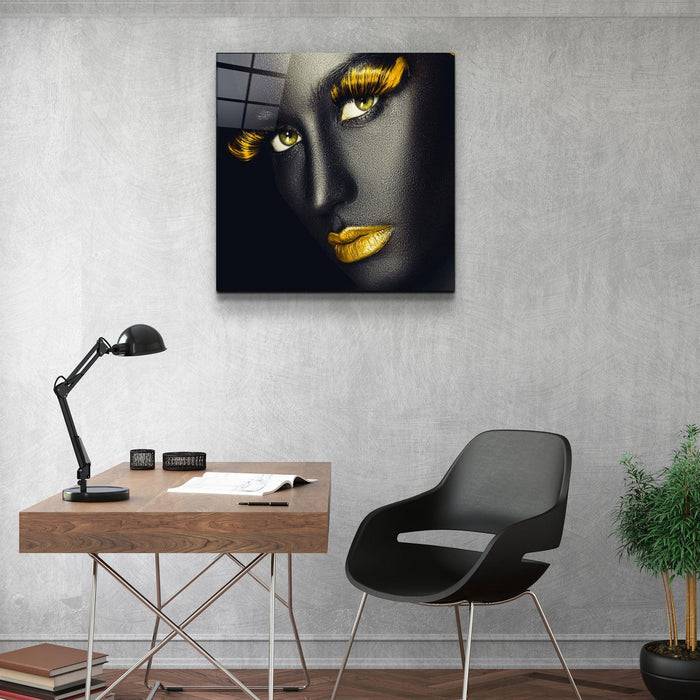 Yellow lips and eyes glass wall art by Artdesigna featuring bold, abstract design on a clear glass panel.