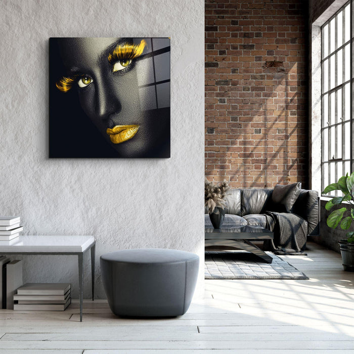Yellow lips and eyes glass wall art by Artdesigna featuring bold, colorful design on a clear glass surface.