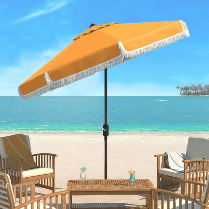 Yellow Outdoor Crank Patio Umbrella With White Fringe - Outdoor Umbrellas - The Well Appointed House