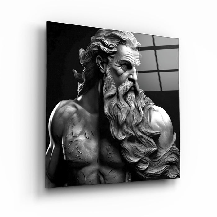 Elegant glass wall art featuring Zeus myth design by Artdesigna, showcasing intricate details and vibrant colors on a clear glass panel.