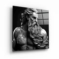 Elegant glass wall art featuring Zeus myth design by Artdesigna, showcasing intricate details and vibrant colors on a clear glass panel.