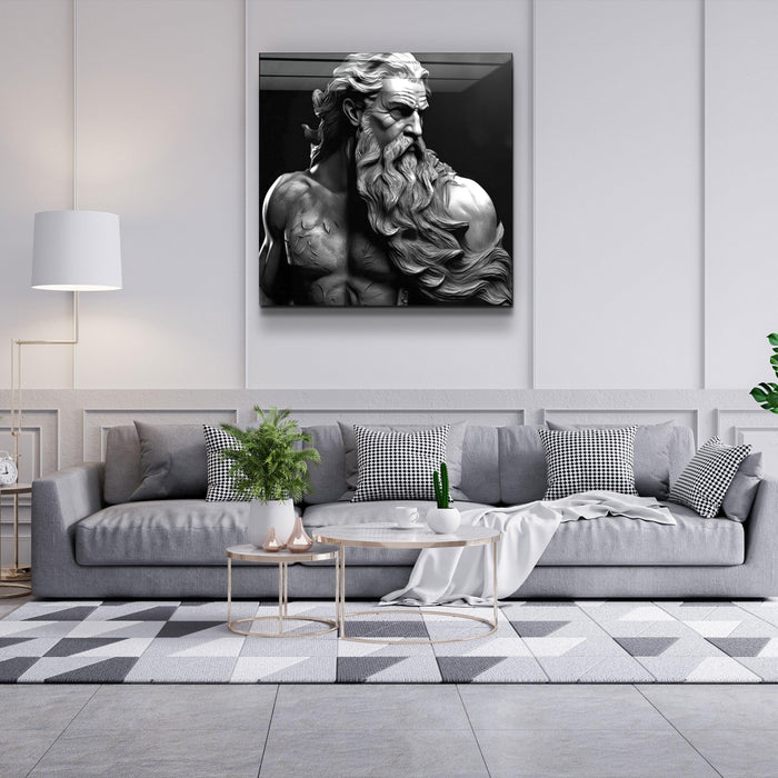 Elegant glass wall art featuring Zeus myth design by Artdesigna, with intricate glass details and mythological imagery.