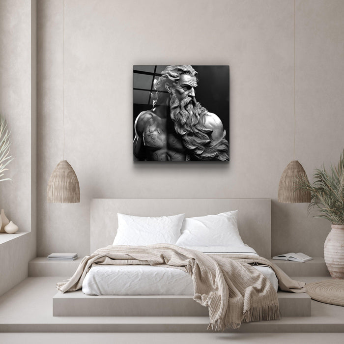 Artdesigna Zeus Myth glass wall art featuring a detailed, vibrant depiction of Zeus in a sleek, transparent glass panel.