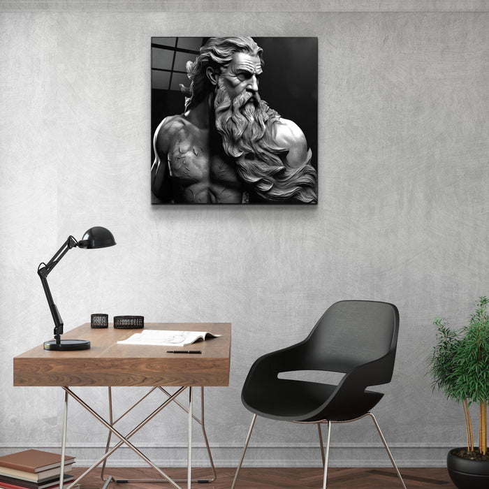 Artdesigna Zeus Myth glass wall art featuring a detailed depiction of Zeus in a sleek, modern glass wall decor piece.