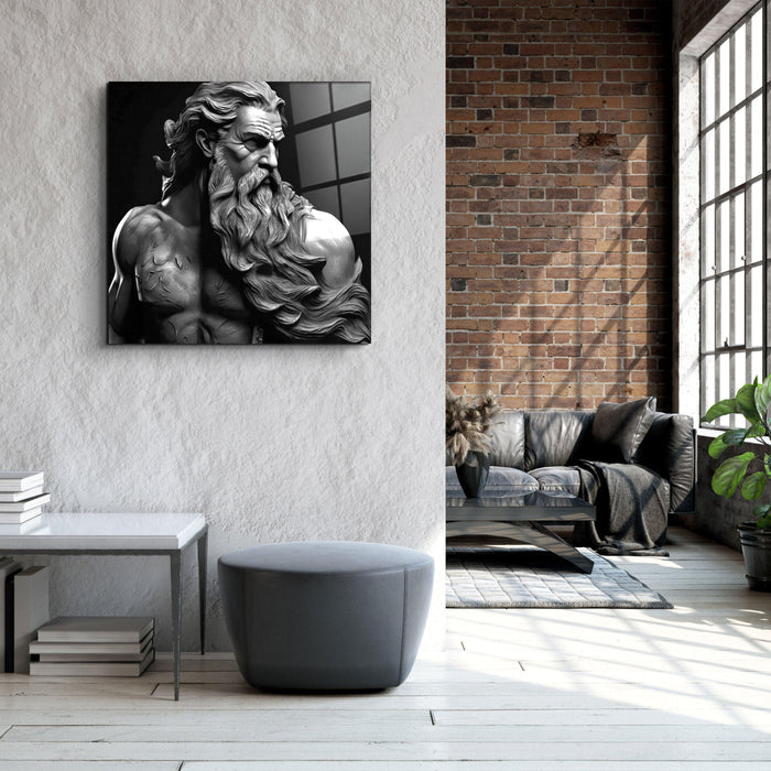 Elegant glass wall art featuring Zeus myth design by Artdesigna, showcasing intricate glass craftsmanship and mythological imagery.